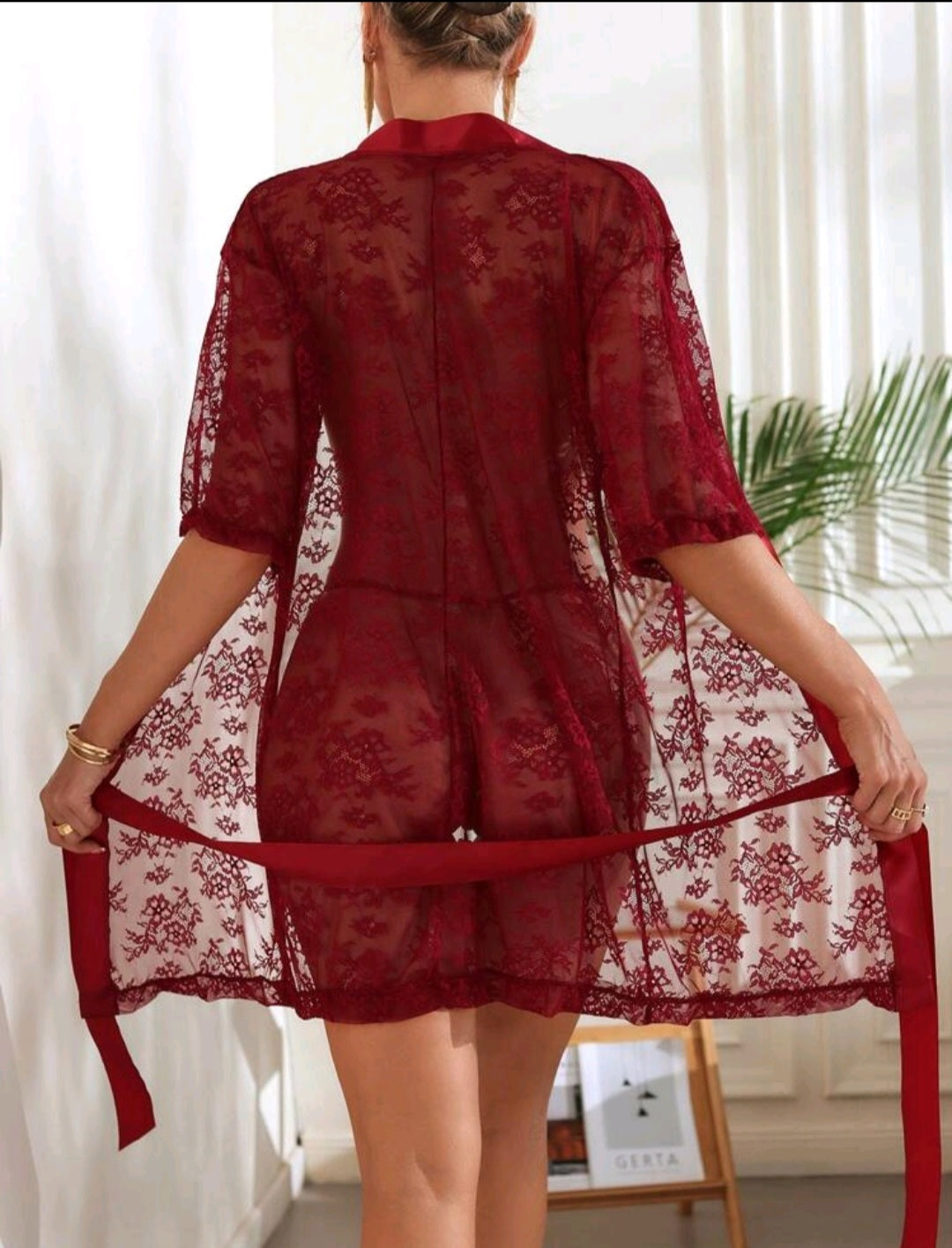 Lace Belted Robe with Thong